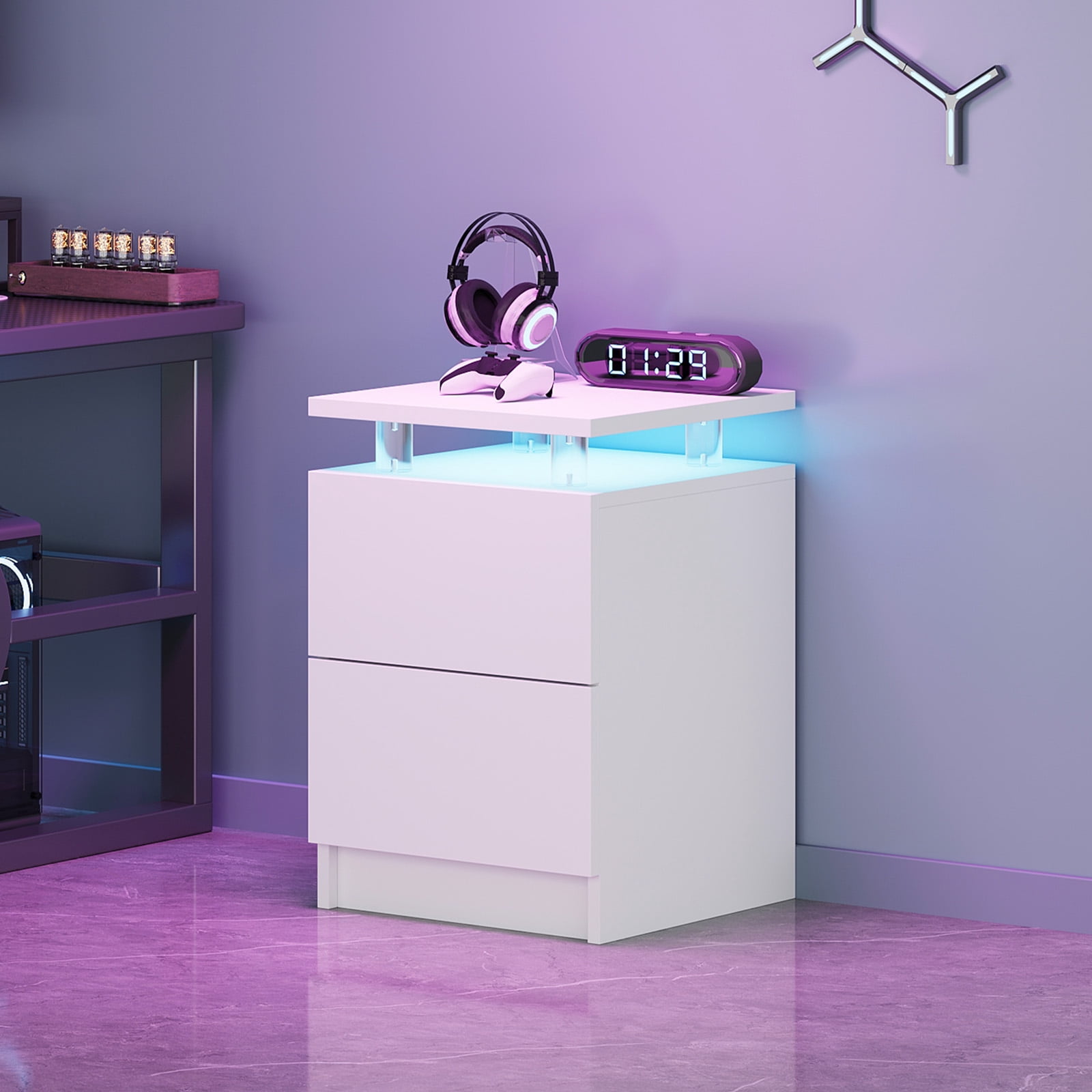 BaPiPro LED Nightstand Set of 2, Modern LED End Table with 2 Drawers, Bedside Table with Lighting for Bedroom, Living Room, White