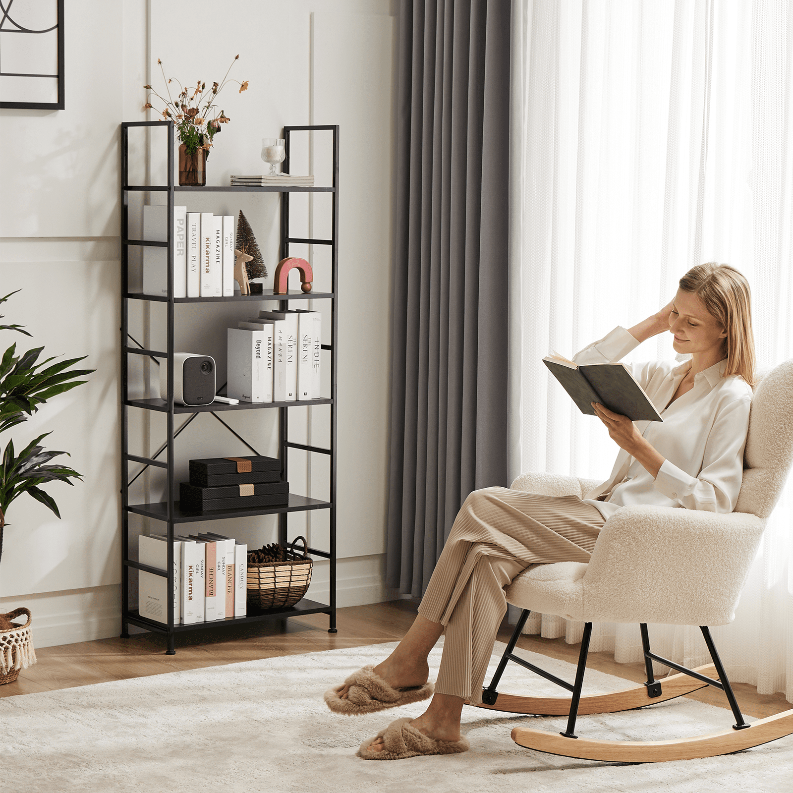 MAYEERTY 5 Tiers Bookshelf, Modern Open Bookshelf, Storage Rack Shelves in Living Room/Home/Office, Black