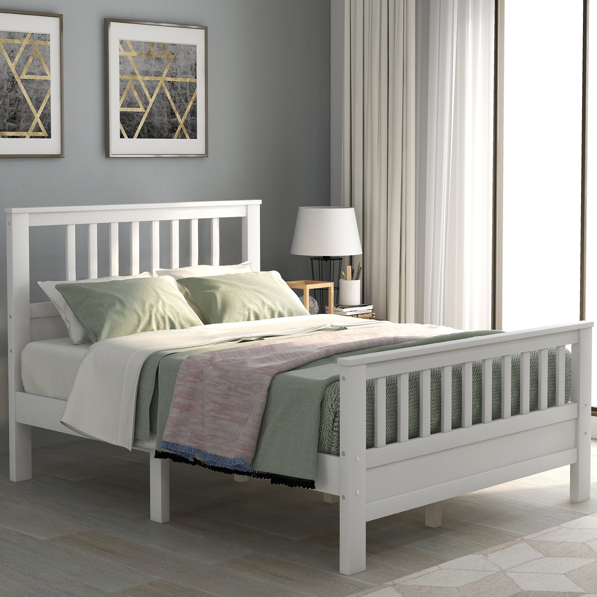 Gewnee Wood Full Size Platform Bed Frame with Headboard and Footboard for Kids,Teens,Adults,White