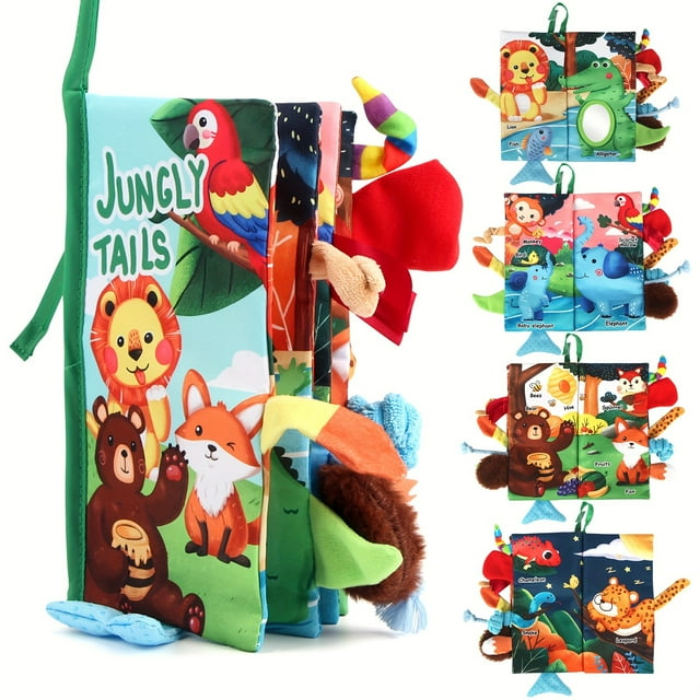 QJUHUNG Cloth Baby Book Set for Tummy Time High Contrast Sensory & Touch Feel Books Early Learning Toy for 0-3 Year Olds Interactive Jungle Tails Infants Gift