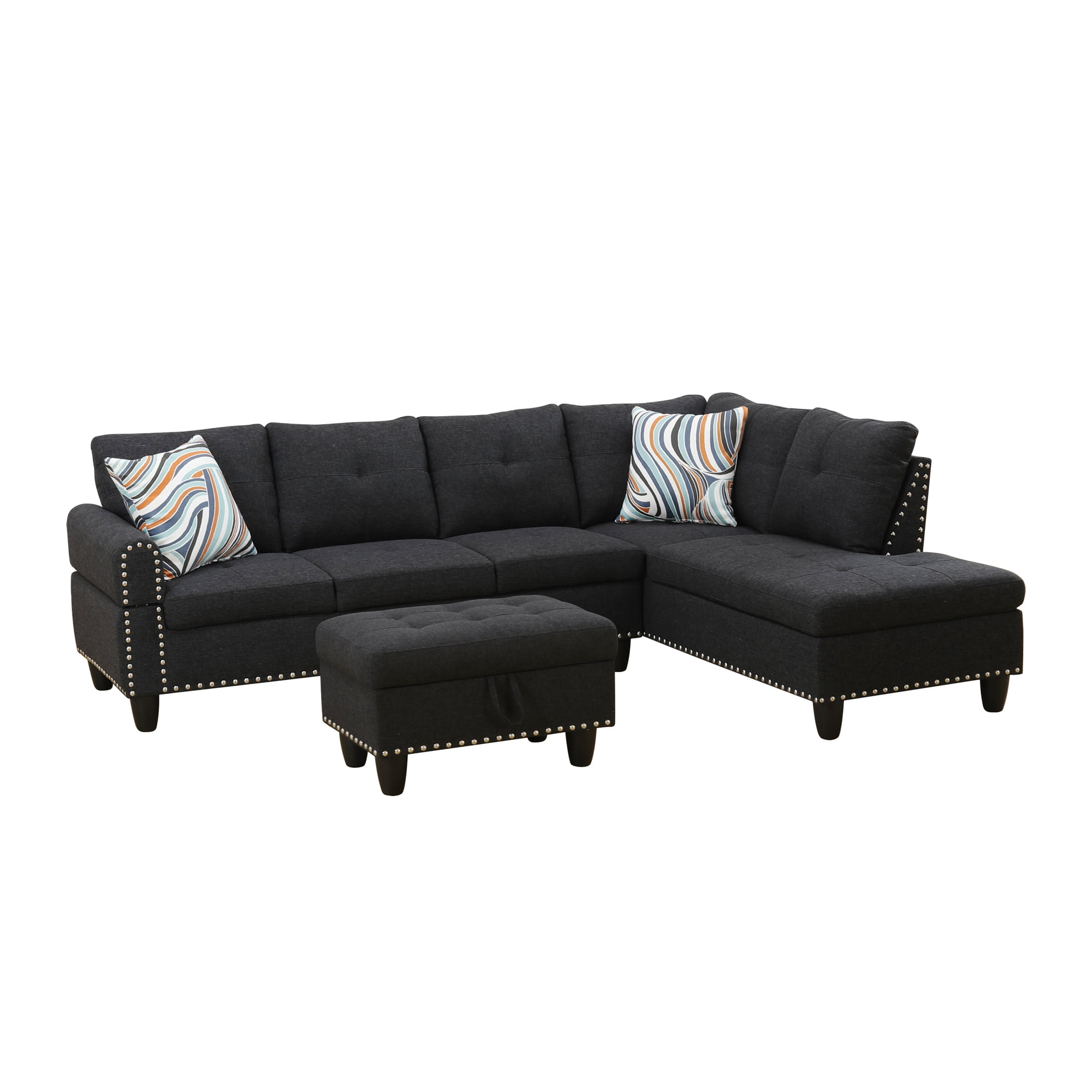 Howcool 98" Sectional Sofa, L-Shaped Couch with Storage Ottoman & Right-Facing Chaise, Linen Fabric Modular Sectional Sofa for Living Room, Apartment & Small Space, Black Gray