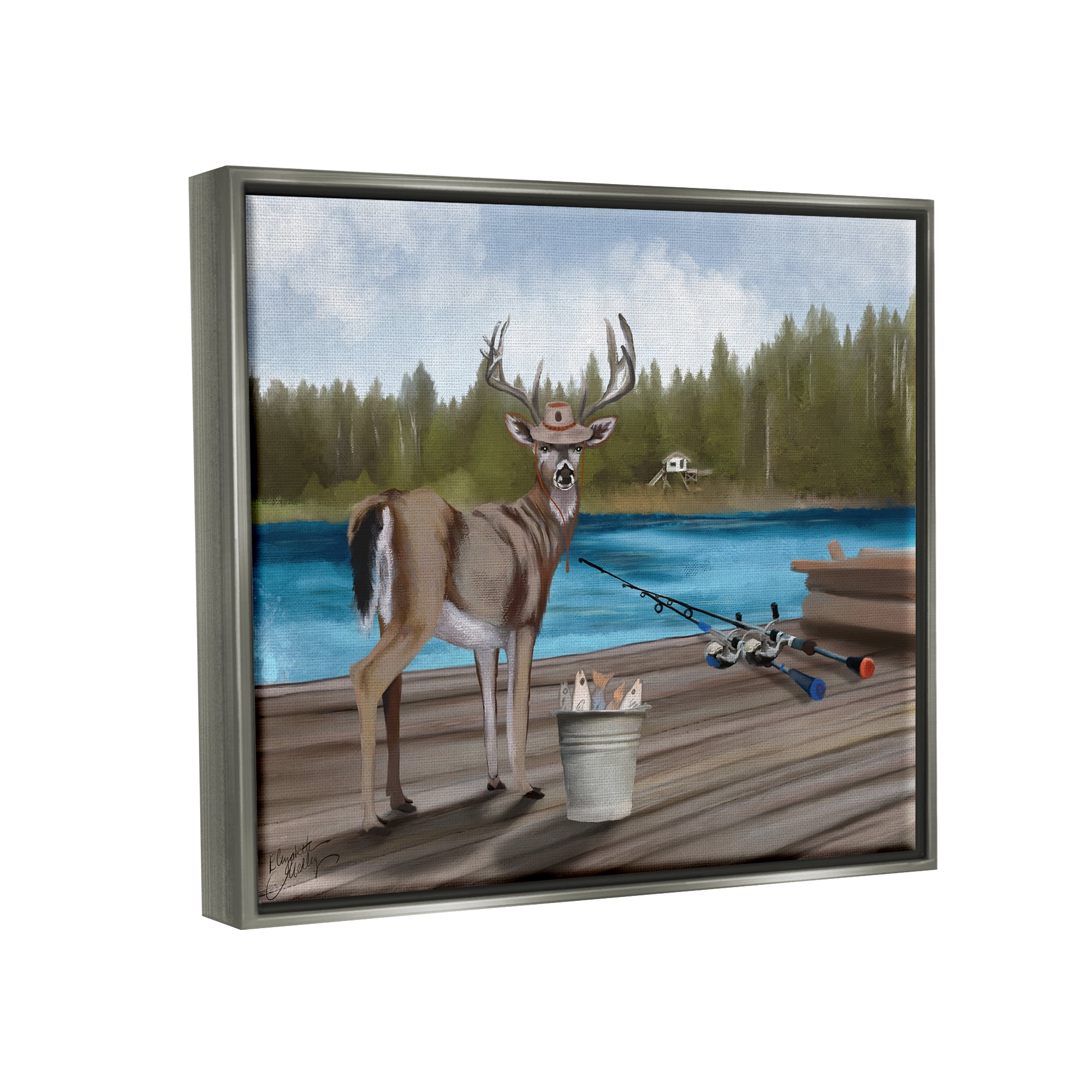 Stupell Funny Fisherman Deer Camp Lake Animals & Insects Painting Gray Floater Framed Art Print Wall Art