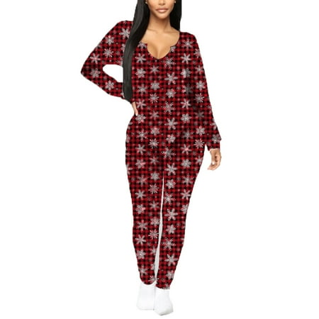 

Women Christmas Snowflake Plaid Long Sleeve Bodycon Jumpsuit Deep V Neck Long Pajamas Onesies