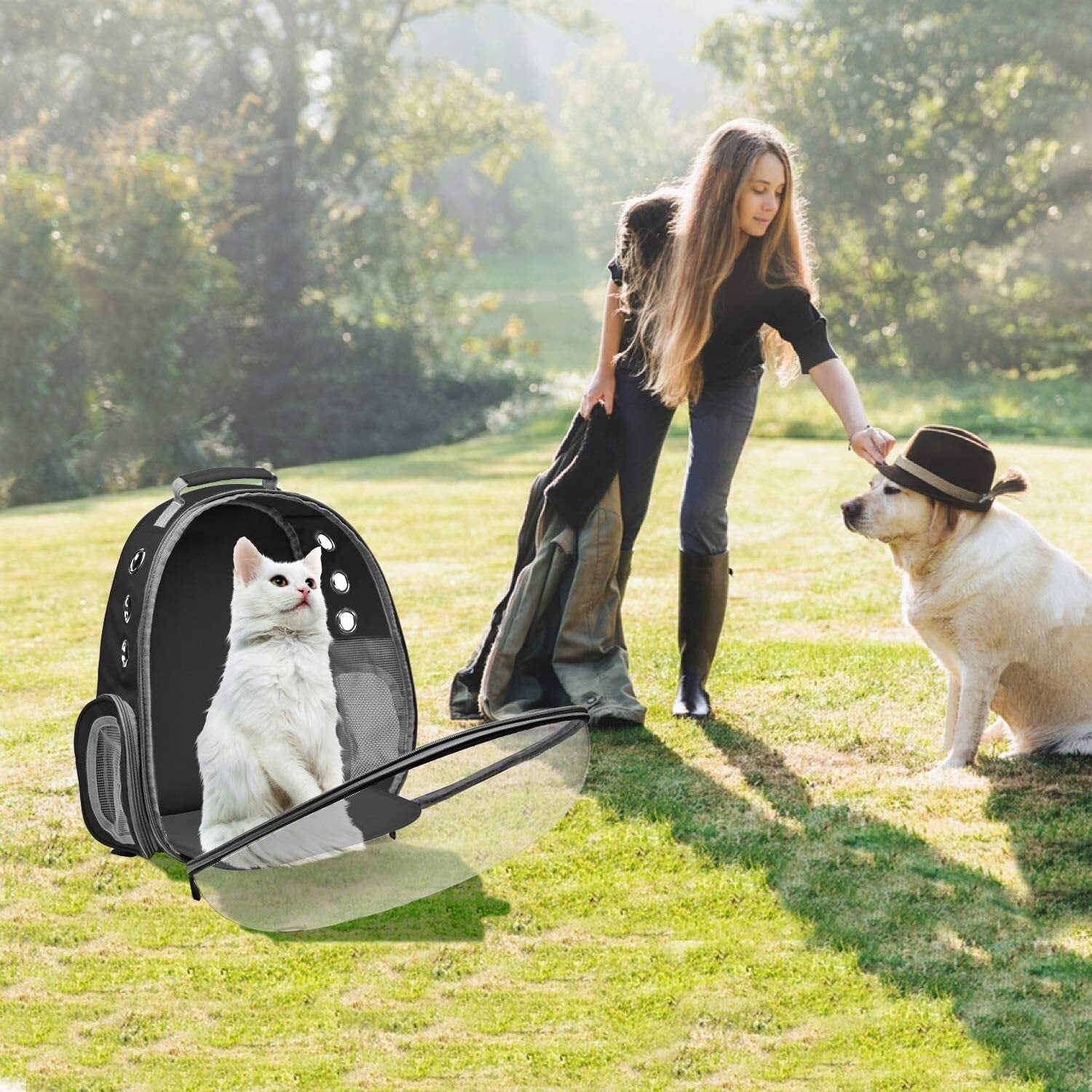 GoXteam Cat Backpack Carrier, Fit up to 13 lbs, Space Capsule Bubble Window Pet Carrier Backpack for Large Fat Cat and Small Puppy, Black