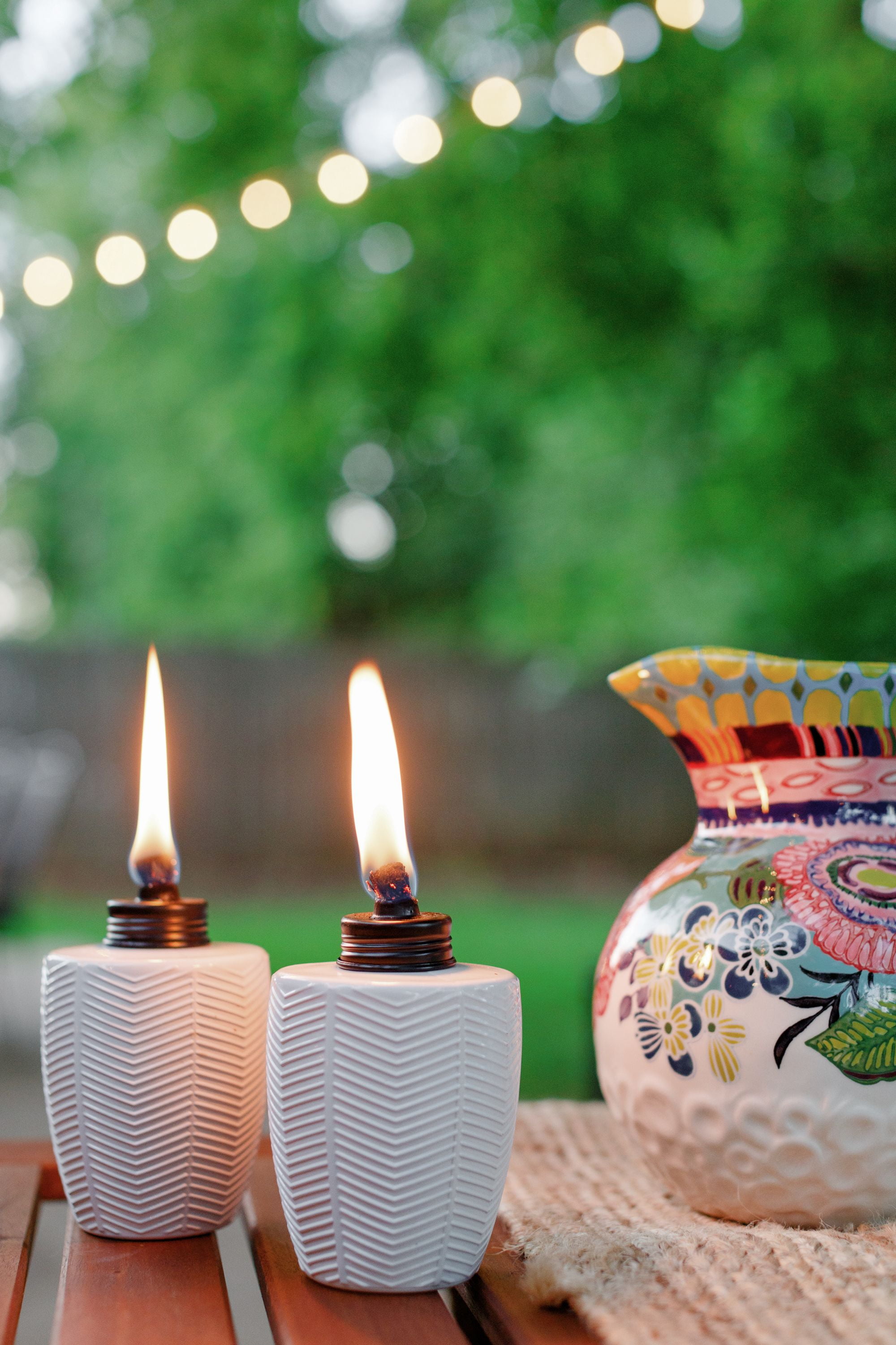 TIKI 3-Pack Glass Tabletop Torches, Ivory, Herringbone Design, Citronella Torches for Patio and Garden