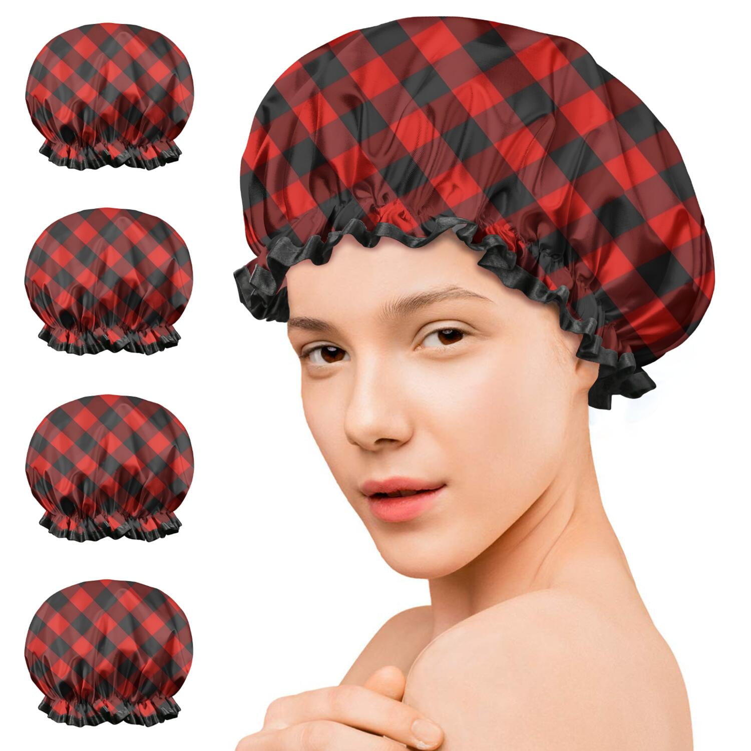 Shower Caps,Red Black Checkerboard Checkered Pattern Waterproof Shower Cap for Women 4 Pieces,Double Reusable Hair Cover for Shower PEVA Elastic Stretch Hem