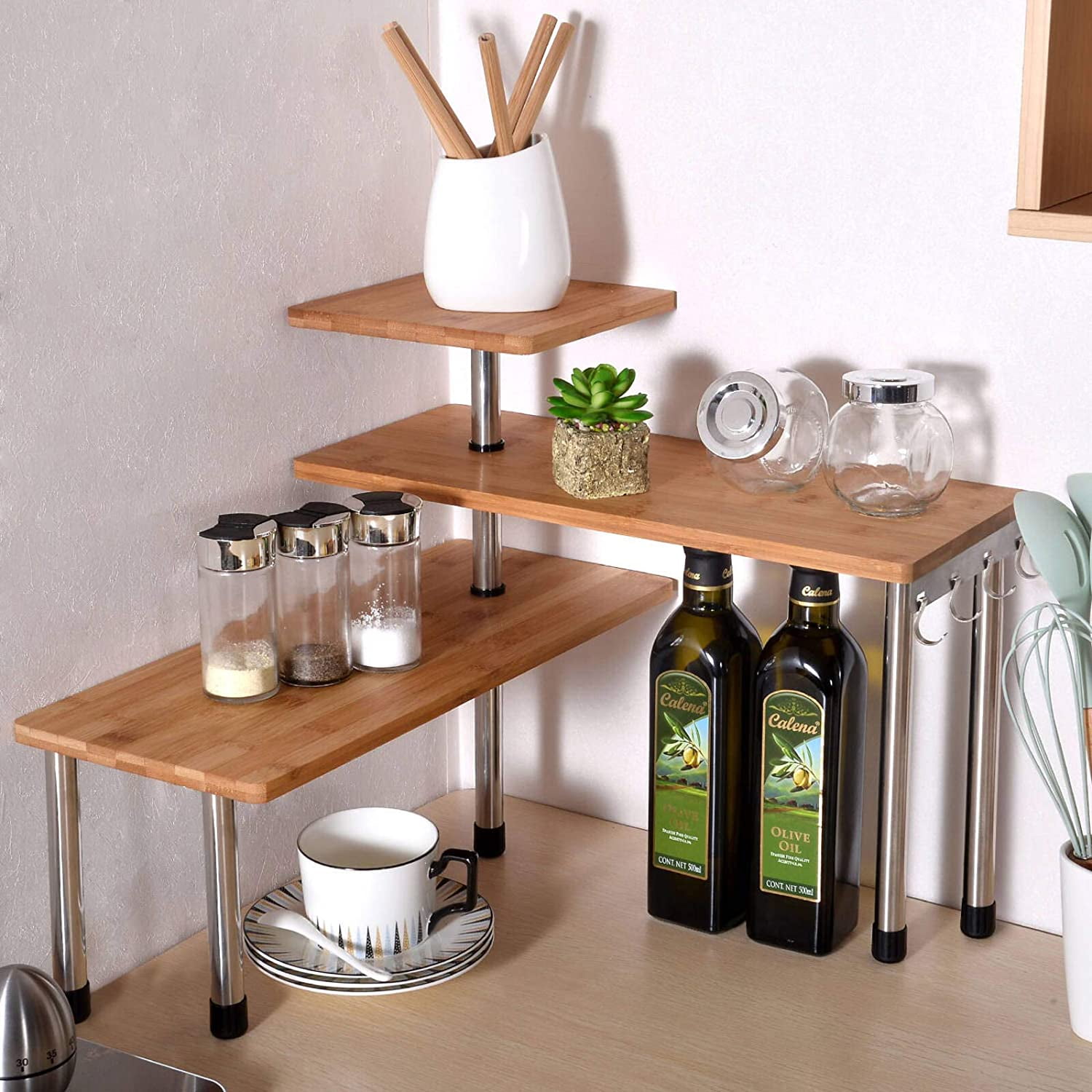 3-Tier Wood-Plastic Corner Shelf Storage Shelves Organizer Display Rack Kitchen 