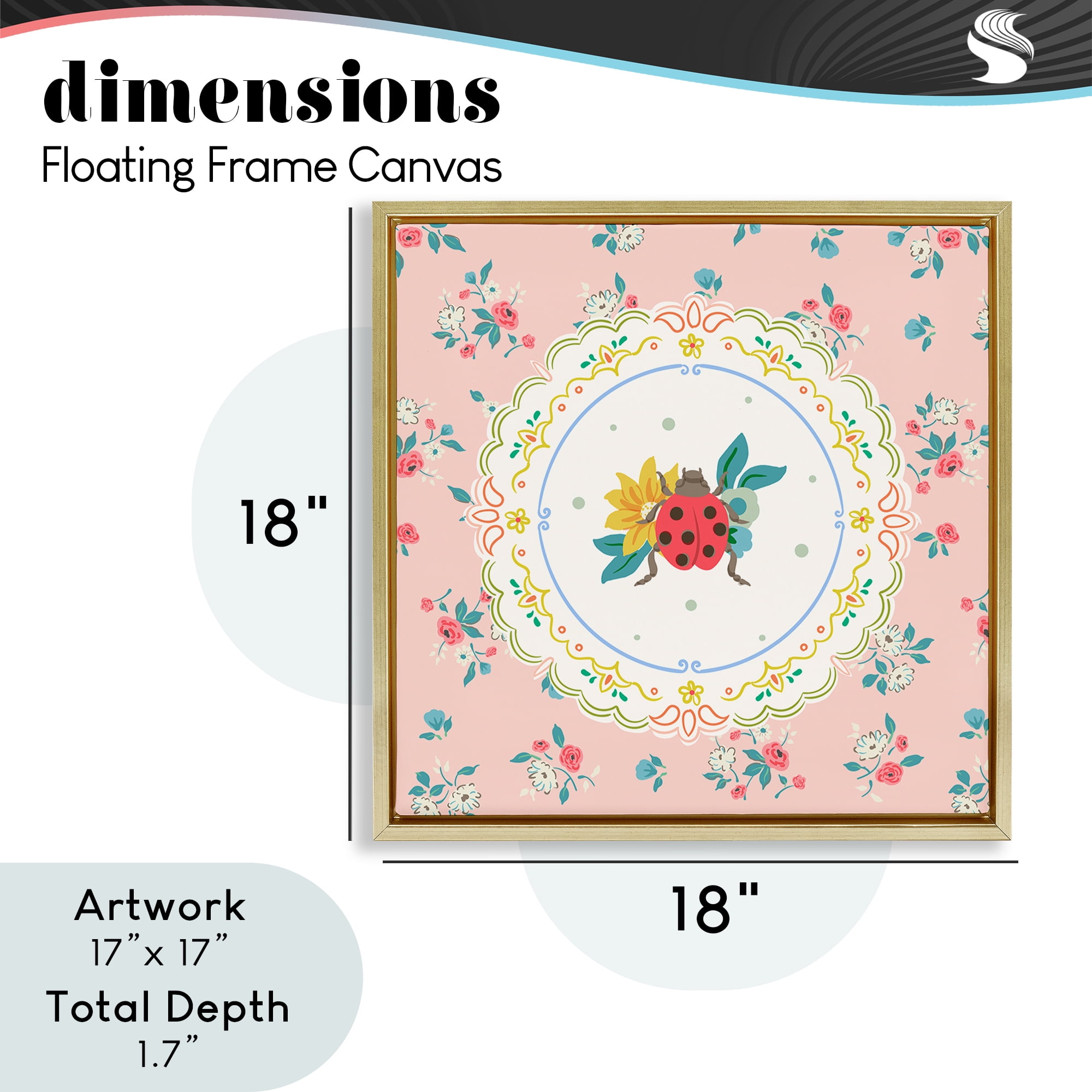 Spring Lady Bug Lace Pattern Gold Framed Floater Canvas Wall Art, design by Angela Steahling