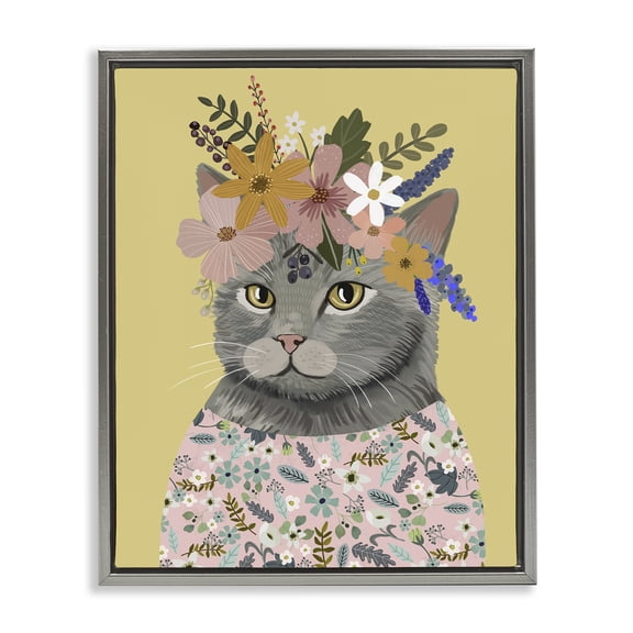 Spring Cat Floral Portrait Gray Floating Frame Canvas Art, 25 x 31, Made In USA