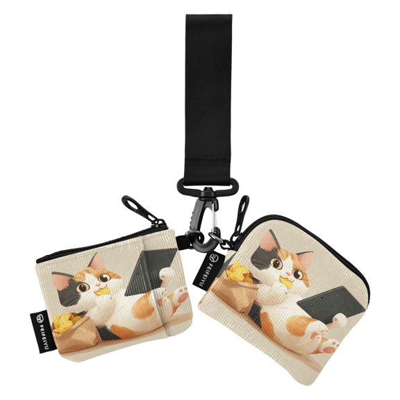 Portable Coin Purse Two 4.13x4.13 Iinches 4.13x3.5 Inches Wrist Coin Purse Keys Coin Purse Portable Women's Purse Look Flat Cat