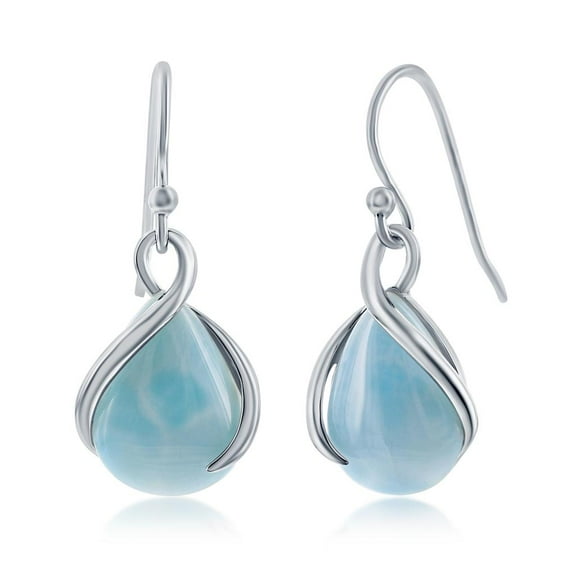 Natural Larimar Gemstone Pear-shaped Sterling Silver Twist Dangling Earrings Jewelry for Women or Teens