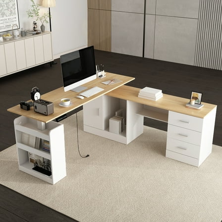 KULAGAGA Electric Standing Desk with Drawers and Shelves, Executive Adjustable Height Desk, L-Shaped Design, 63 inch Tabletop, for Office Deep Oak & White