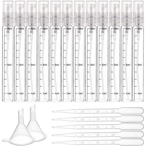 38 frascos pulverizadores graduados de vidrio transparente de 10 ml, rellenables, para perfumes, aceites esenciales y líquidos.