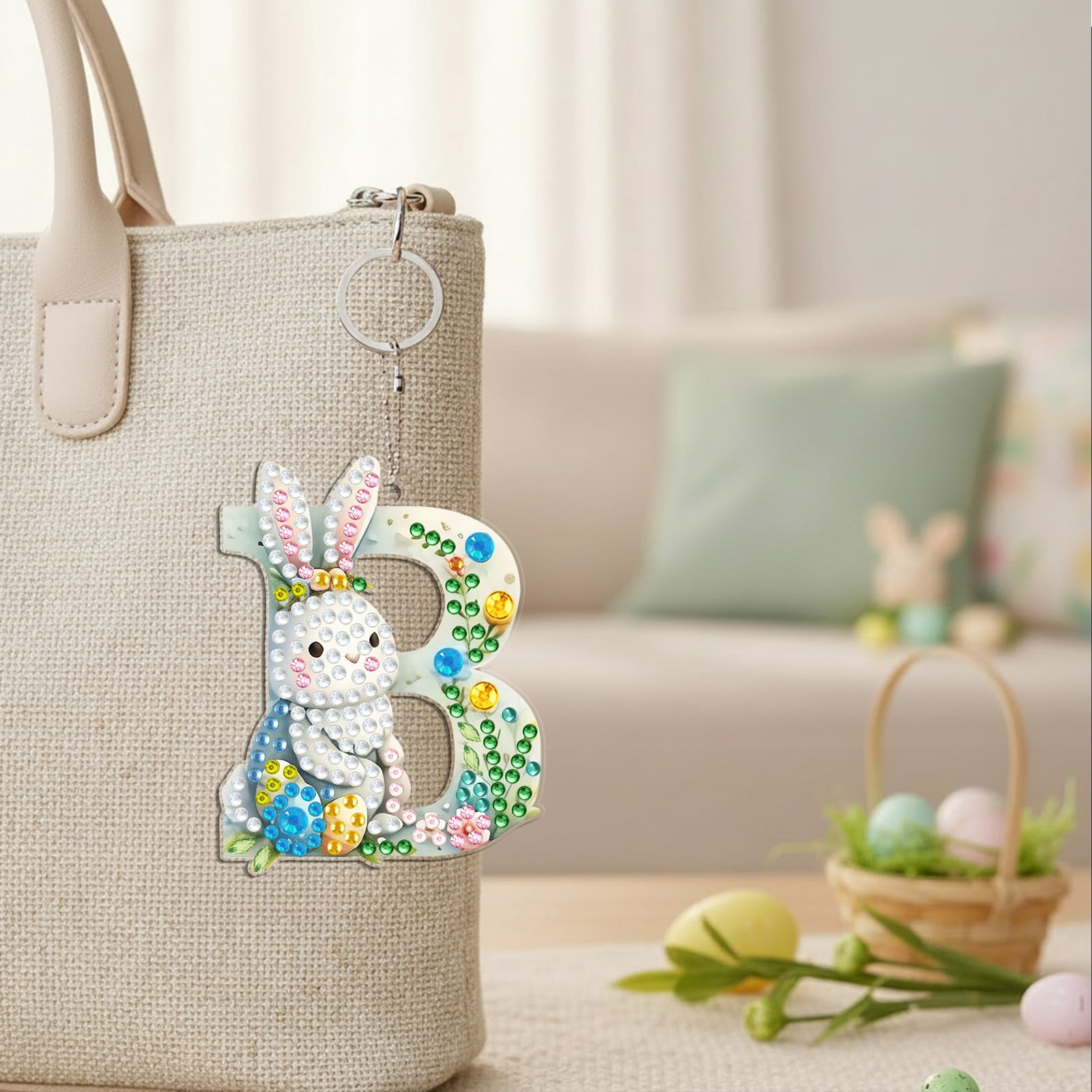 FLOPESN DIY Diamond Art Painting Easter Bunny Egg Letters Acrylic Keychain,Creative Design Double-Sided Diamond Craft For a gift to Friend Family-B