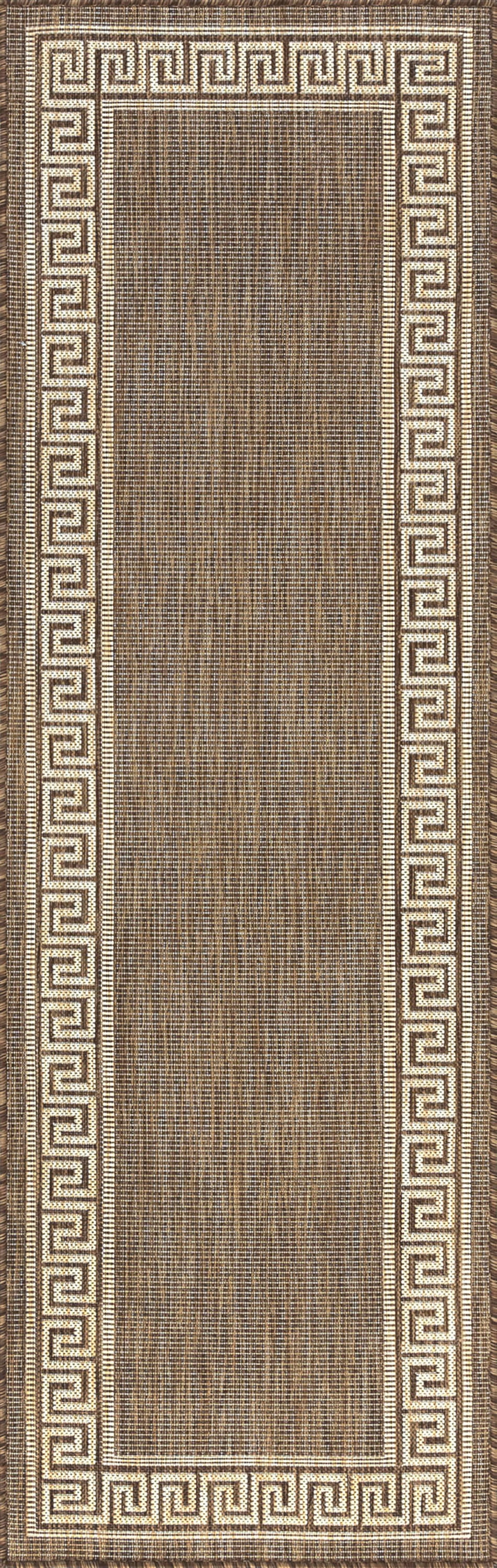Bliss Rugs Greek Key Indoor Outdoor Rug Water Resistant Runner Rug for Patio, Hallway, Entryway, Deck, Brown ,2' x 8'