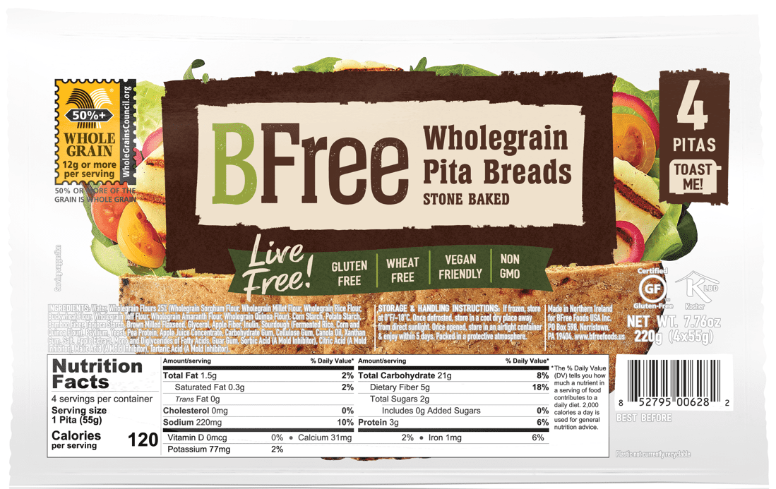BFree Foods Wholegrain Pita Breads 7.76oz 4ct