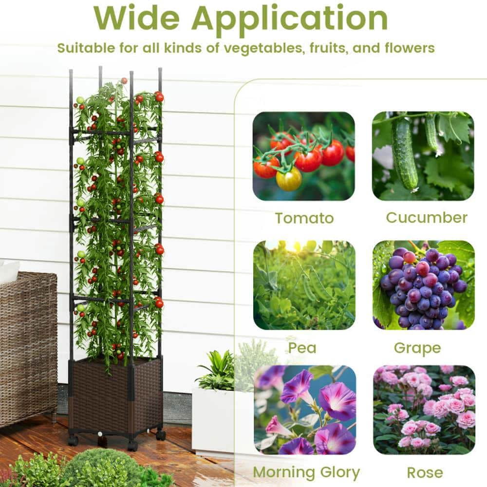 Demifill 87 Inch Tall Raised Garden Bed with Plant Box Trellis, Garden Bed with Lockable Wheels Adjustable Height for Outdoor as Garden, Backyard, Porch, Brown