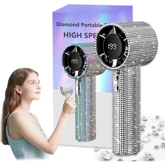 Full Diamond Portable Fan, Craftsmanship Portable Handheld Turbo Fan, 199 Wind Speed Handheld Rhinestone Fans, Rechargeable with Digital Display Usb Face Bling Fans for Travel Camping