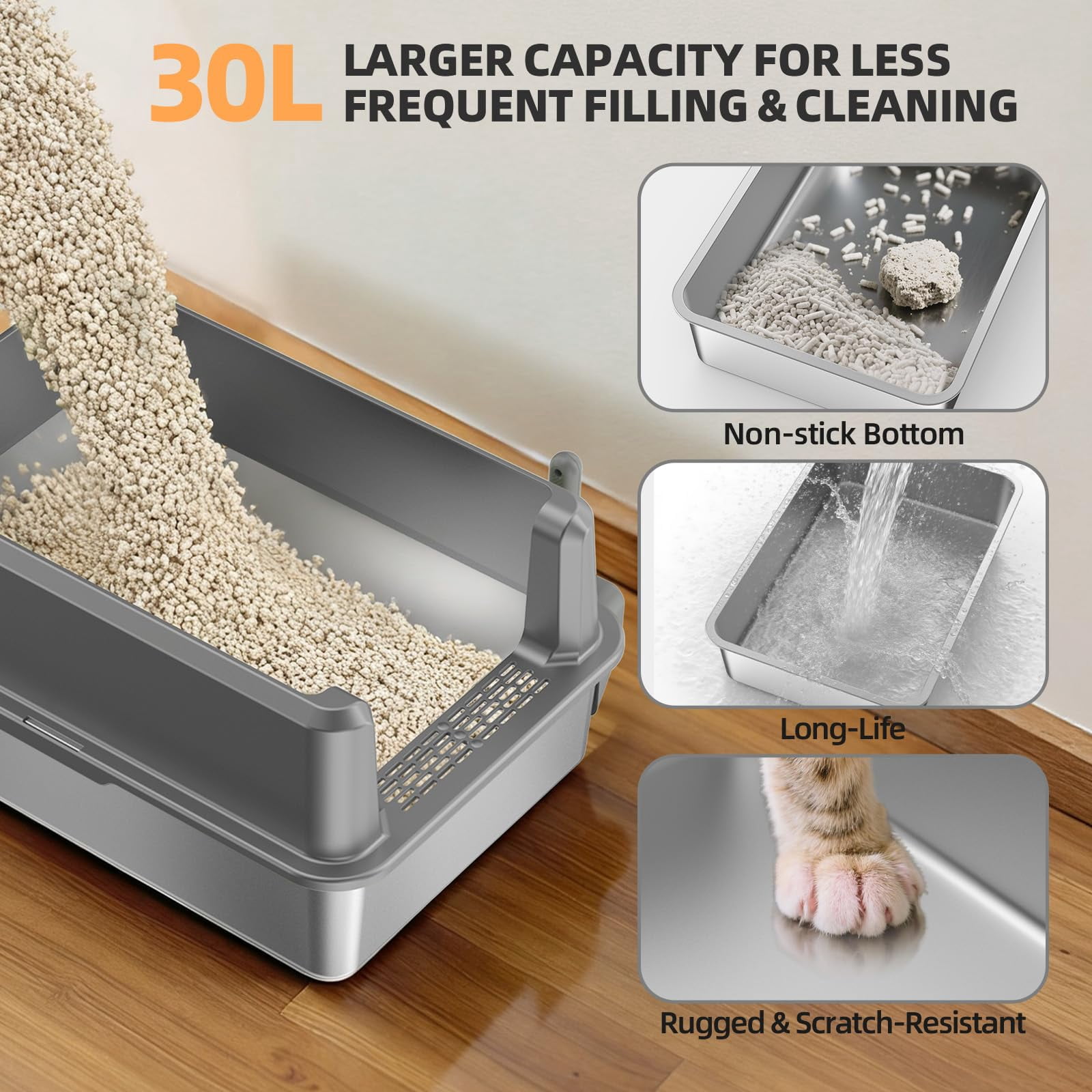 Enclosed Stainless Steel Cat Litter Box With Lid  Xl Extra Large For Big Cats Metal Pan High Sided Never Absorbs Odors Anti-urine Leakage Include Scoop (65-lightgray)