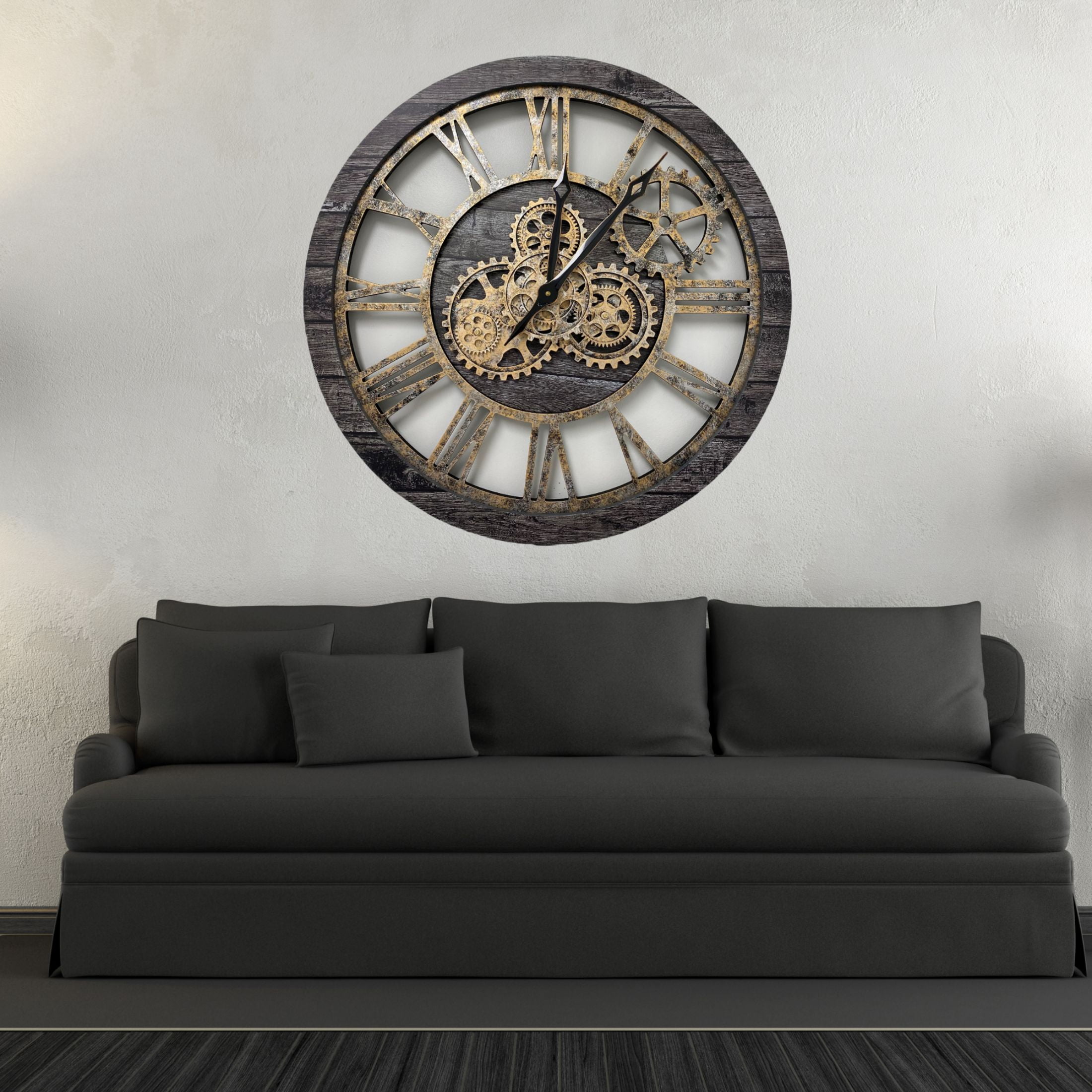 THE GEARS CLOCK Wall Clock with Real Moving Gears AM-LI_ 24 in Round Carbon-Grey