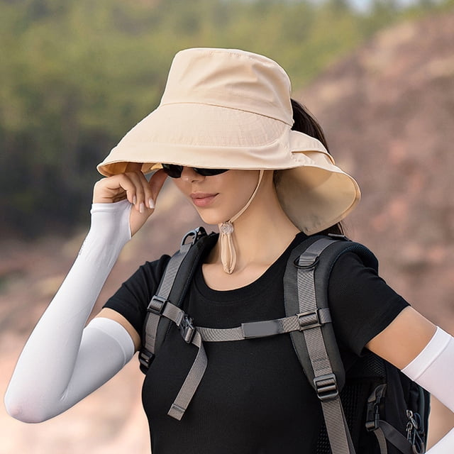 YAOBAMM Chapeau de Bassin pour Femmes Chapeau de Pêcheur Large Bord Design Châle Corde Coupe-Vent Réglable Léger Visière Trou Queue de Cheval