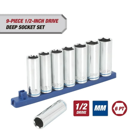 Hyper Tough 9-Piece 1/2-inch Drive Deep Socket Set (MM)