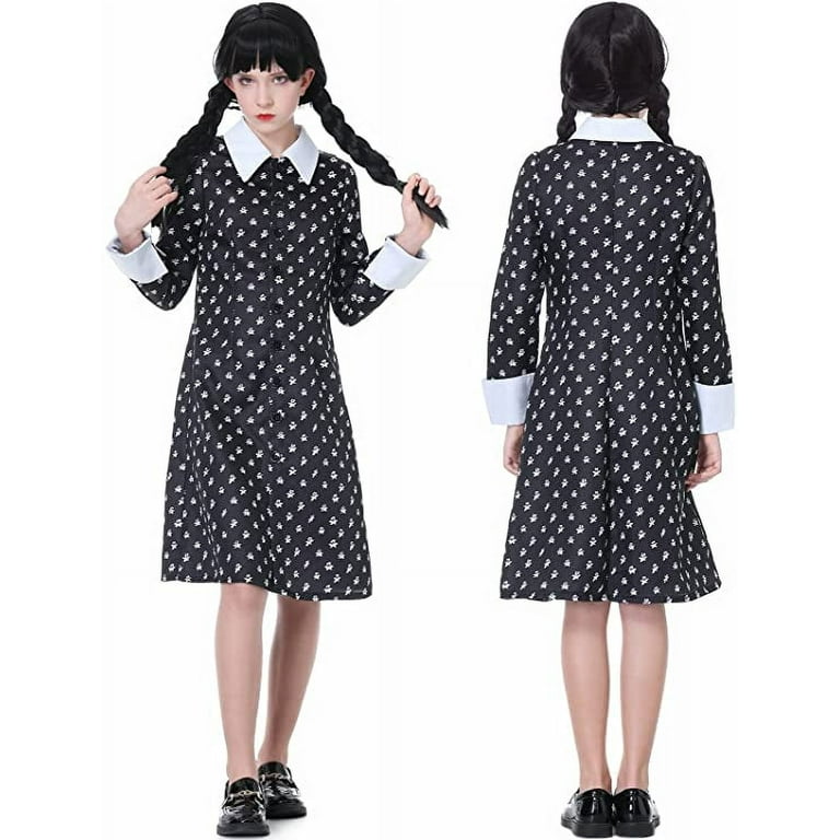 Wednesday Addams Costume for Adult Women Kids Girls Long Sleeve Peter Pan  Collar Black Dress Halloween Night Costume