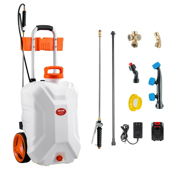VEVOR Battery-Powered Sprayer with Wheeled Cart, 10 Gallons Electric Weed Sprayer, Adjustable 0-80 PSI, Yard Lawn Sprayers with Wheels, 5 Nozzles & 98ft Hose, 3-6H Spray Time, for Weeding, Cleaning