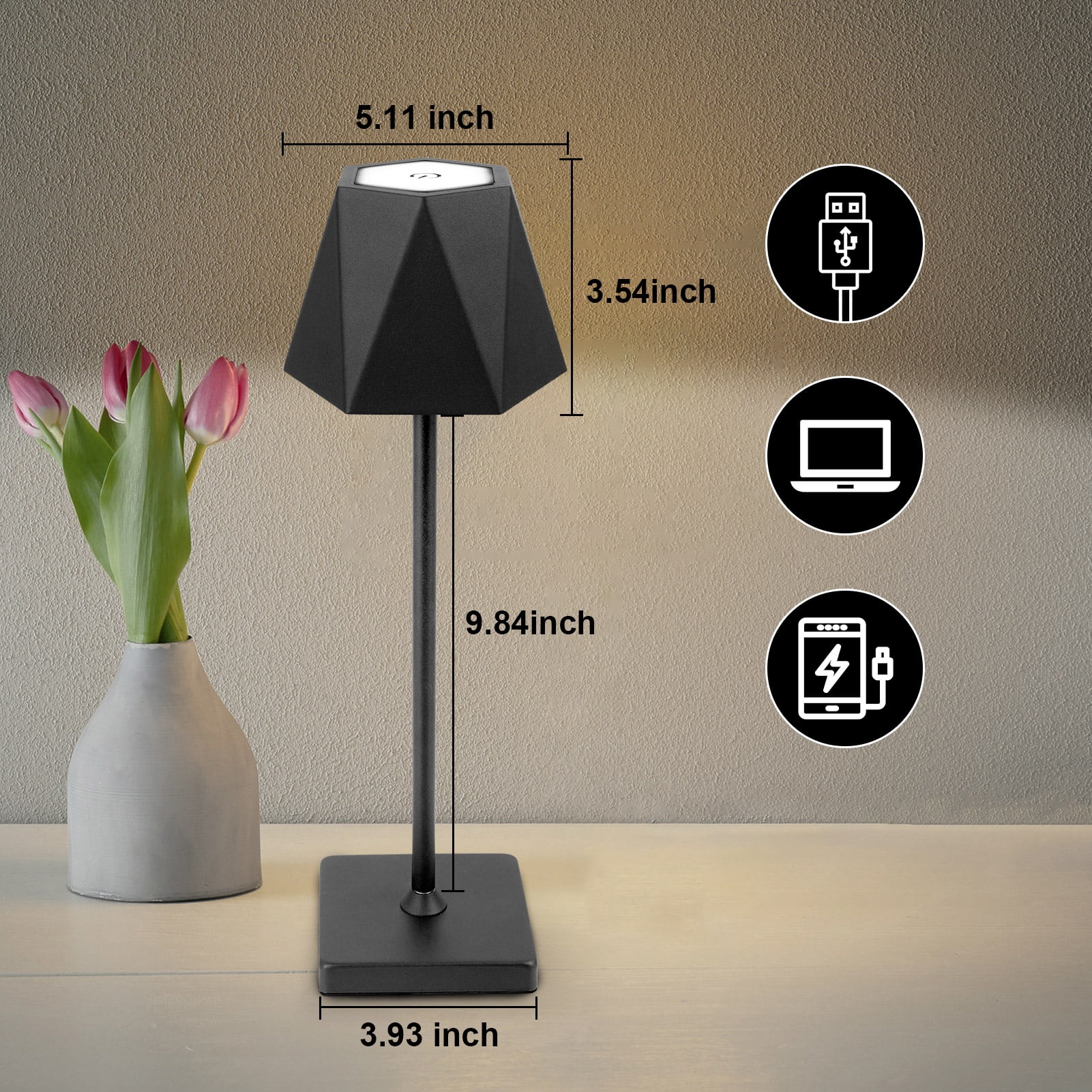 Asibpxy 14" Modern Cordless Matte Black Aluminum Table Lamp with Black Geometric Shade