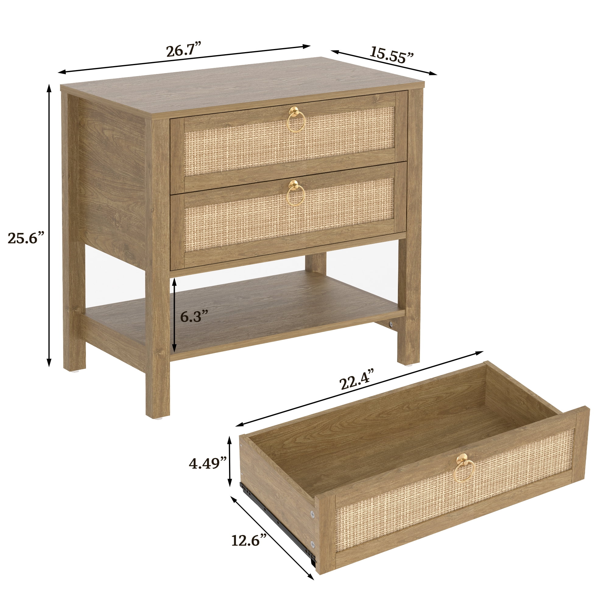 SICOTAS Large Nightstand Set of 2 for Small Spaces, Rattan Night Stands with 2 Drawers and Storage Shelf, Boho Bedside Table Artificial Wood End Table for Bedroom Living Room Hallway, Cherry Oak