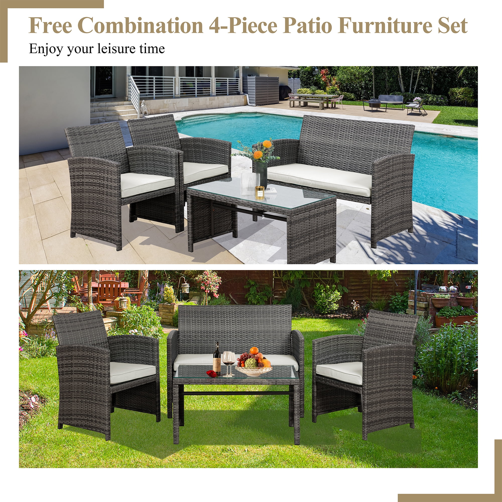 Walsunny Outdoor Patio Rattan Wicker Furniture Conversation Set 4 Piece with Cushions Tempered Glass Tabletop,White
