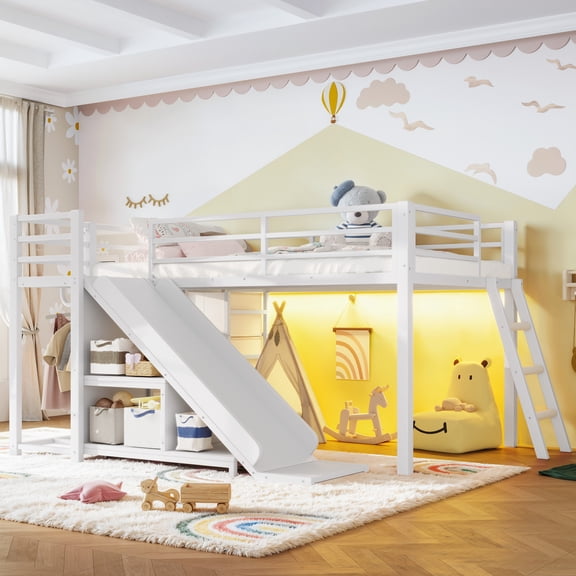 Loft Bed with Slide and Ladder, Twin Metal Bed Frame with Storage Drawers and Hanging Area for Bedroom, White