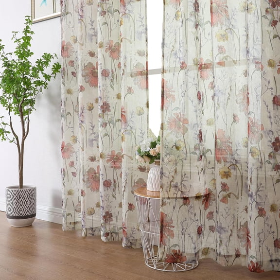 Crushed Semi Sheer Curtains 2 Panels, Floral Pattern Design Rod Pocket Light Filtering Farmhouse Curtains for Bedroom Living Room