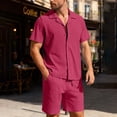 thumbnail image 3 of Havenx Men's Short 2 Pieces Set Button Down Short Sleeve Drawstring Shirts and Shorts Lapel Collar Texture Set Summer Beach Vacation Comfortable Athletic Wear,Wine L, 3 of 6