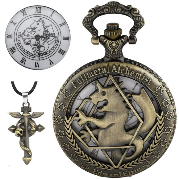 Tiong Fullmetal Alchemist Anime Pocket Watch with Chain for Cosplay Pendant Accessories with Gifts Box(Bronze White)
