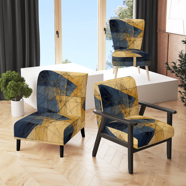 Designart "Minimalism in Blue and Gold I" Chaise d'Appoint Rembourrée Lignes Bleues - Fauteuil Moderne pour Salon