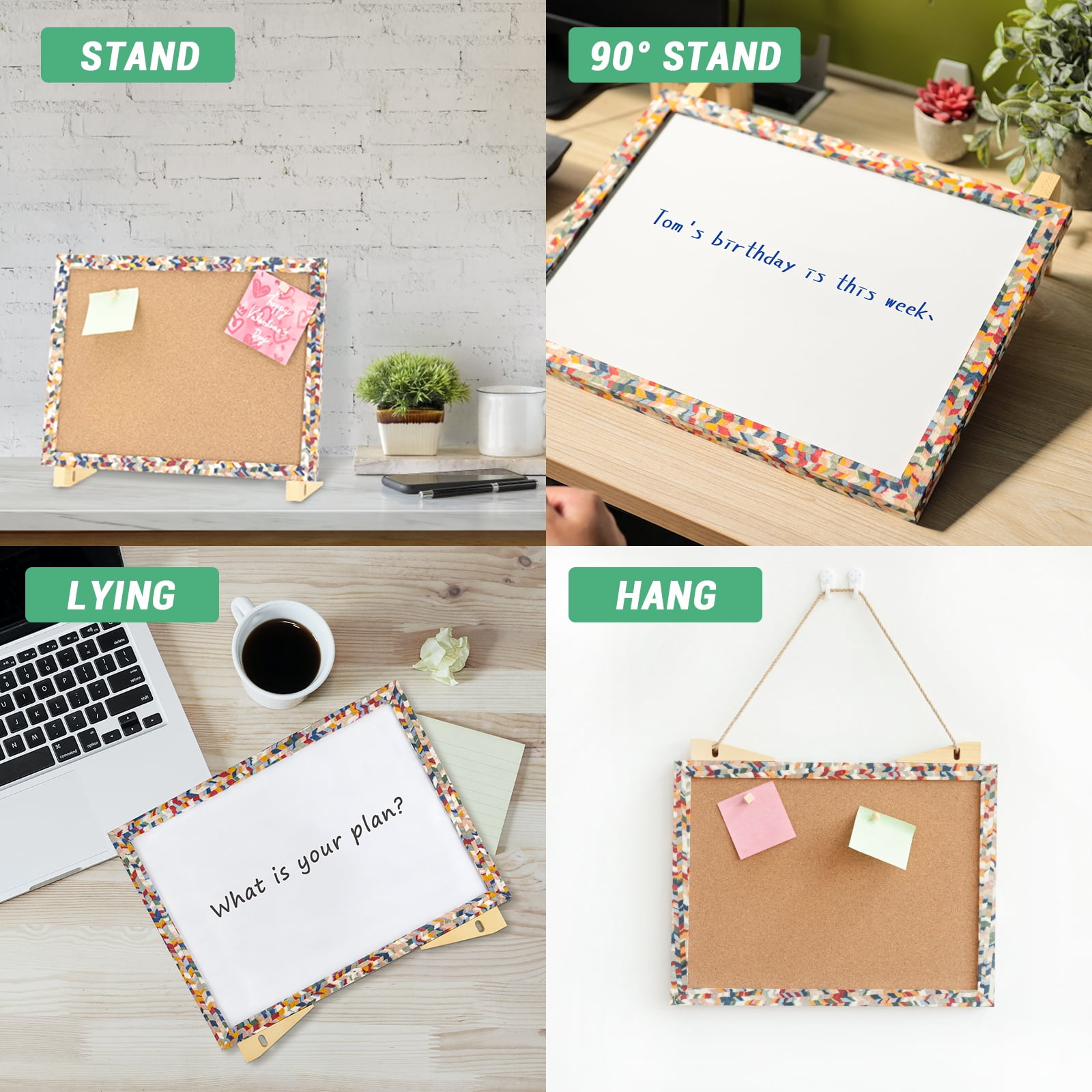 SHOOFFICE Combo Dry Erase Board & Cork Board, 16" x 12" Magnetic Corkboard with Stand, Boho Wooden Frame