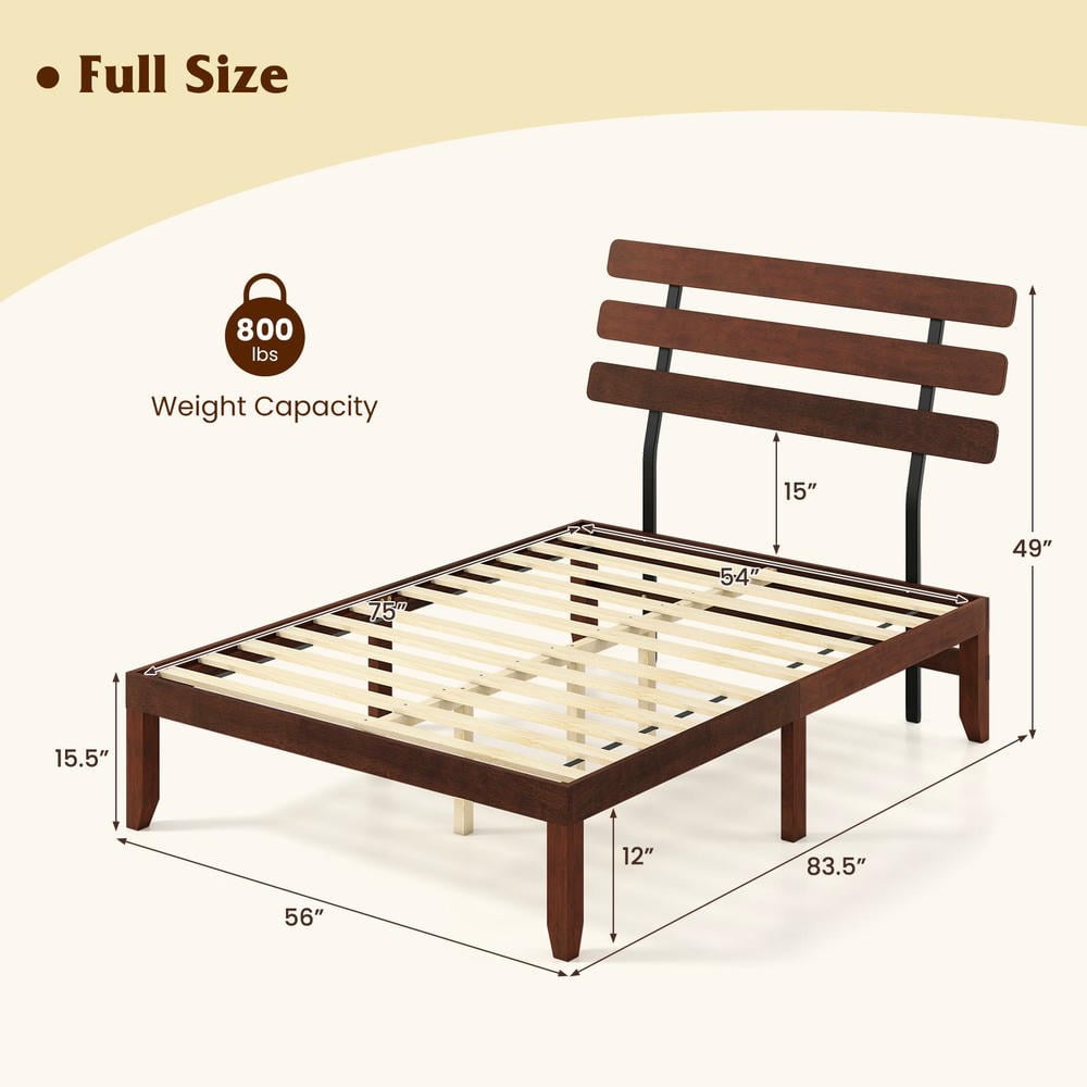 Barara King Full Size Bedroom Bed Frame with Retro Headboard, 15.5 Inch Solid Wood Bed Platform Frame for Apartment, Bedroom, Brown