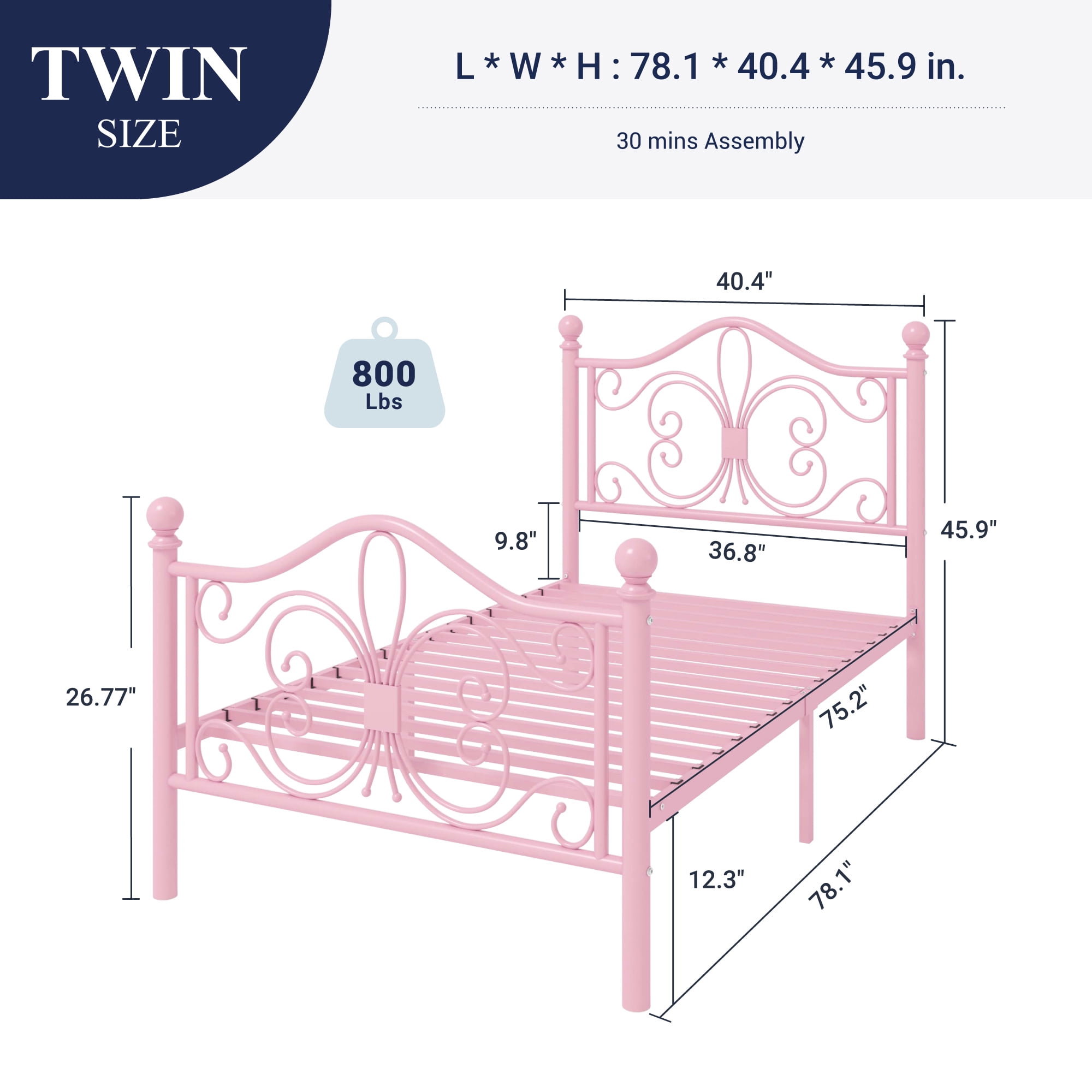 Allewie Twin Size Vintage Metal Bed Frame with Butterfly Pattern Design Headboard & Footboard, Pink