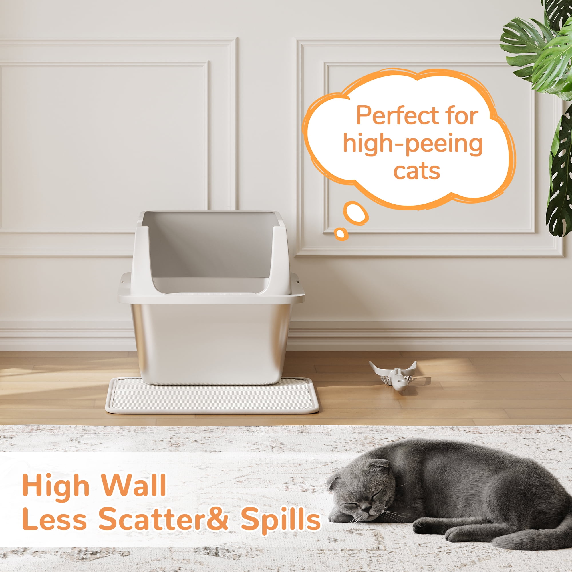 Garvee Large Stainless Steel Cat Litter Box with Lid, Enclosed Metal Litter Box for Big Cats, High Sided Anti-Leakage Design with Scoop and Mat, Odor Control with Carbon Filter
