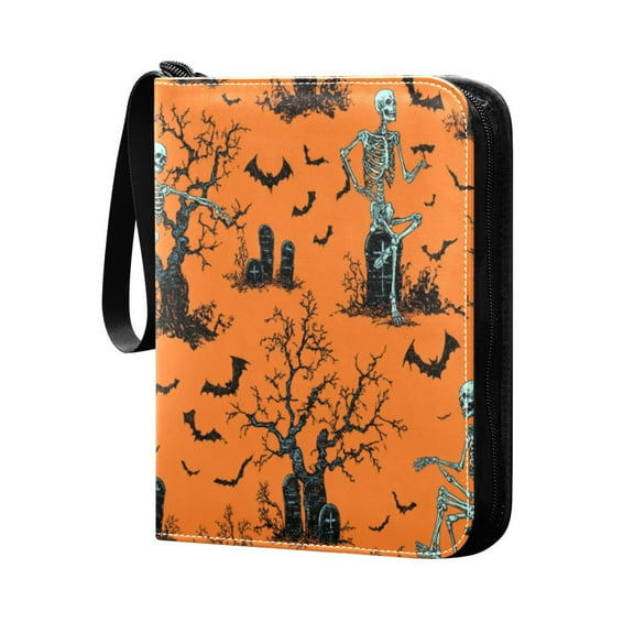 400 Pockets Trading Cards Album,Card Binder 4-Pocket, Cards Collector Album Holder Fits 400 Cards with 50 Removable Sheets Orange Background with Skeletons