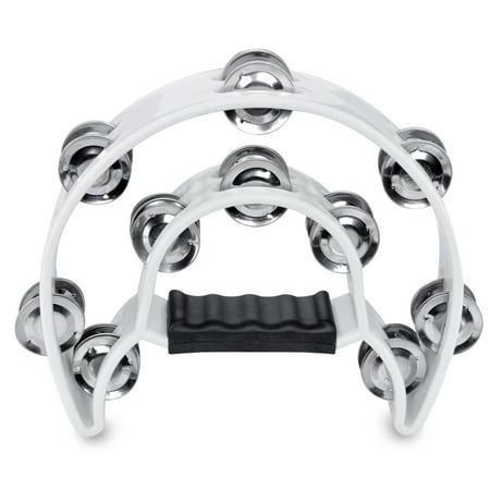 Flexzion Half Moon Musical Tambourine Double Row Metal Jingles Hand Held Percussion Drum for Gift, KTV, Party, Kids Toy with Ergonomic Handle Grip, White