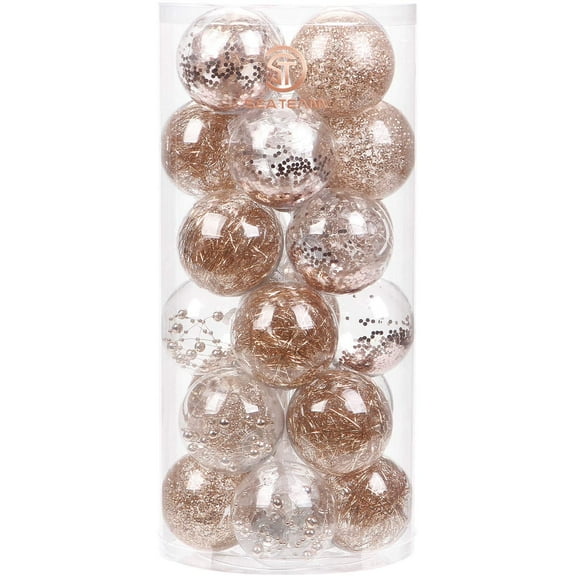 BOPORO 60mm/2.36" Shatterproof Clear Plastic Christmas Ball Ornaments Decorative Xmas Balls Baubles Set with Stuffed Delicate Decorations (30 Counts, Champagne)