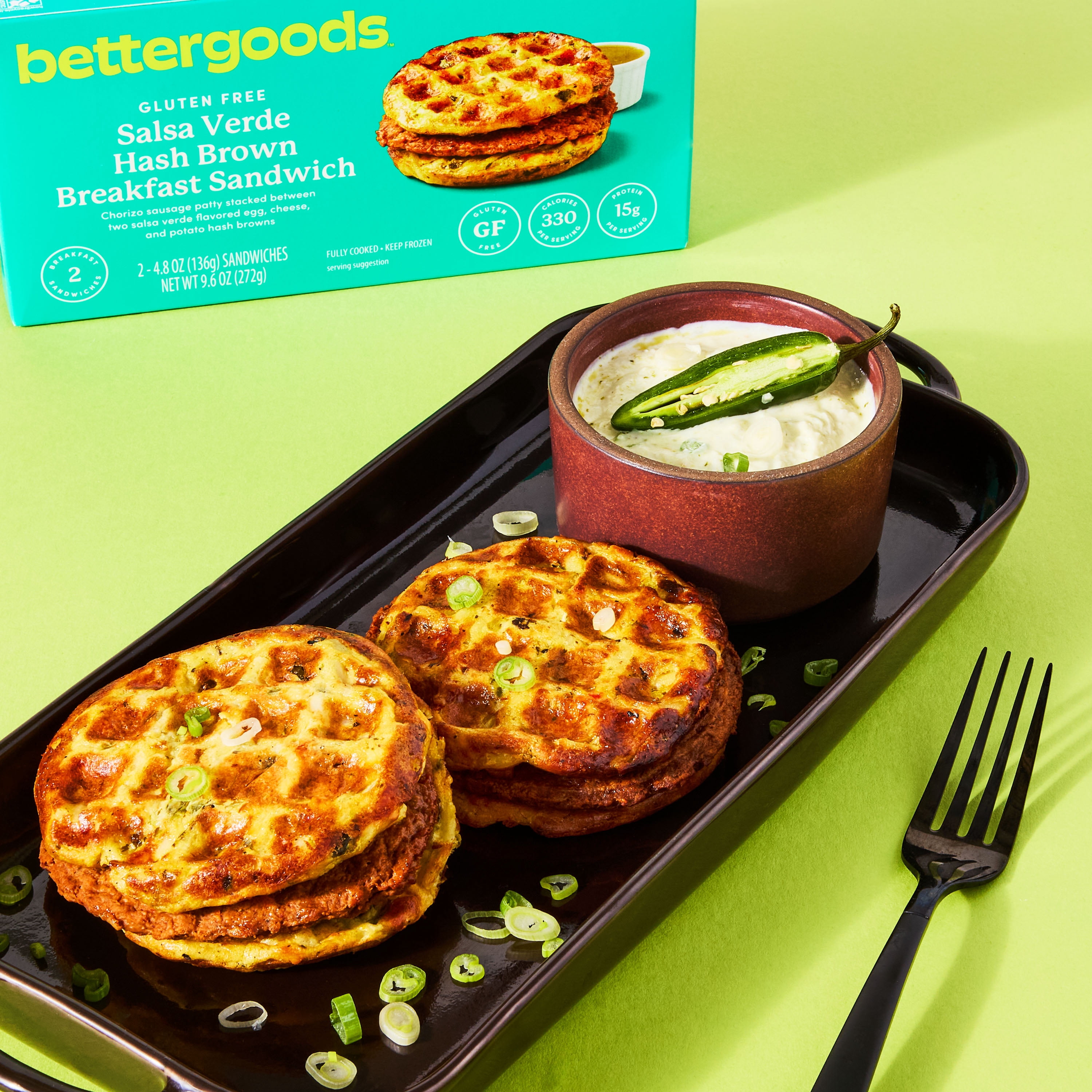 bettergoods Gluten-Free Salsa Verde Hash Brown Breakfast Sandwiches, 9.6 oz, 2 Pack (Frozen)