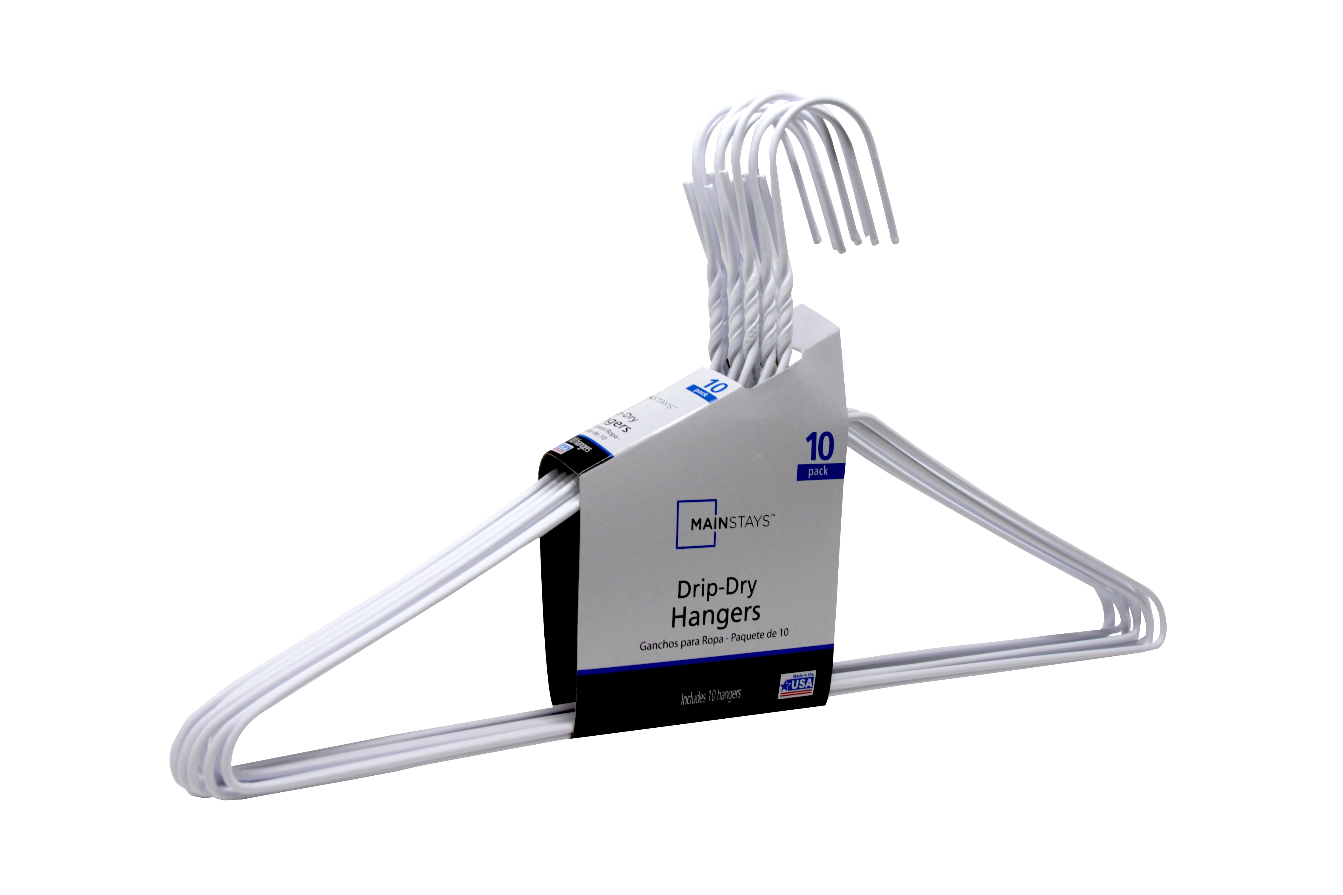 Mainstays Drip Dry Wire Clothing Hangers, 10 Pack, White, Plastic Coated