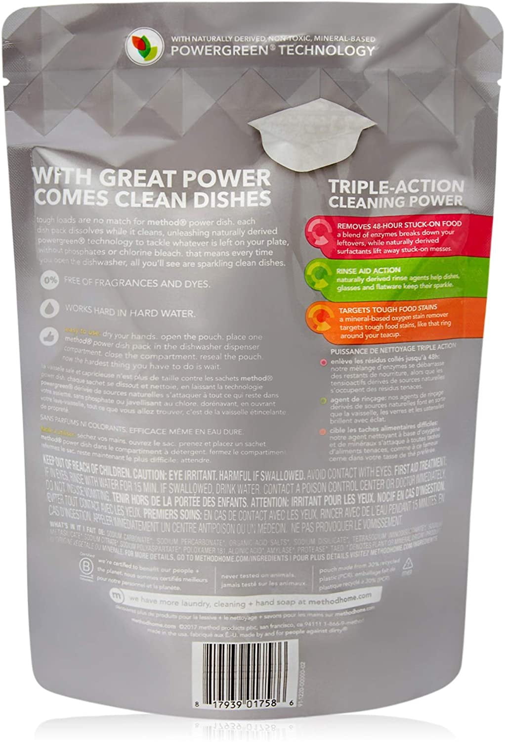Method Power Dish Dishwasher Detergent Packs Free + Clear - Triple Action - 20 Ct Pack
