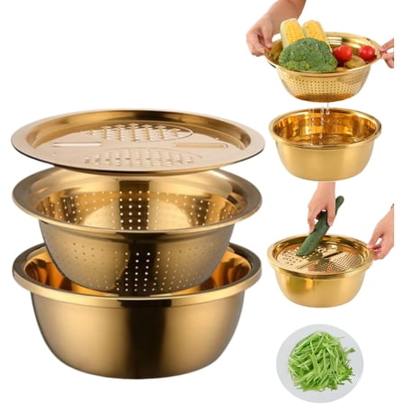 Stainless Steel Colander Strainer Bowl:Germany Multifunctional Stainless Steel Basin, 2025 New 3-in-1 Colander Strainers for Kitchen,Vegetable Slicer Grater Strainer and Drain Basket