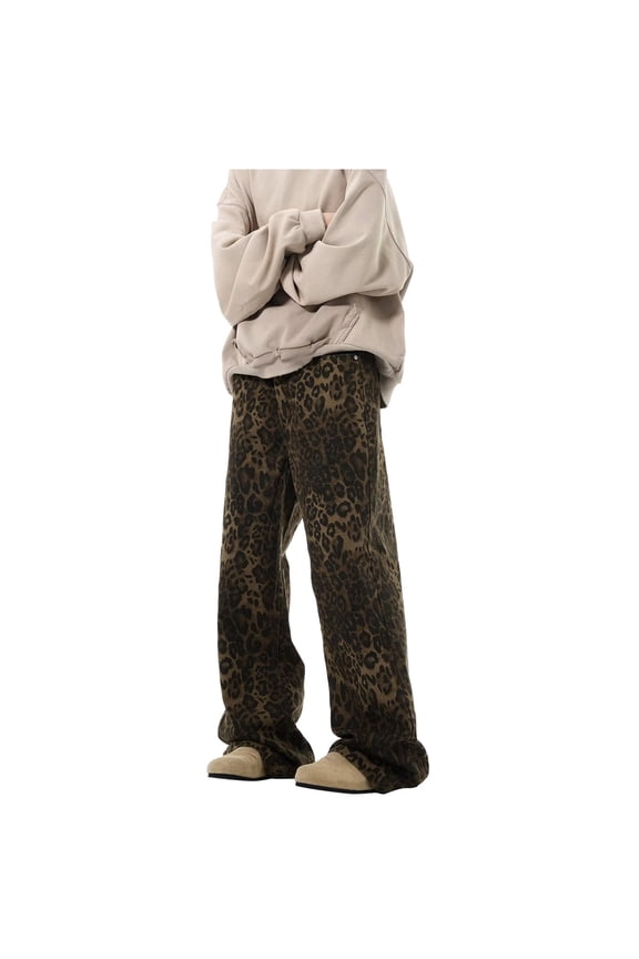 Men's Casual Pants Retro Leopard Print Straight Wide Leg Jeans Daily Wear Chic Holiday Trousers