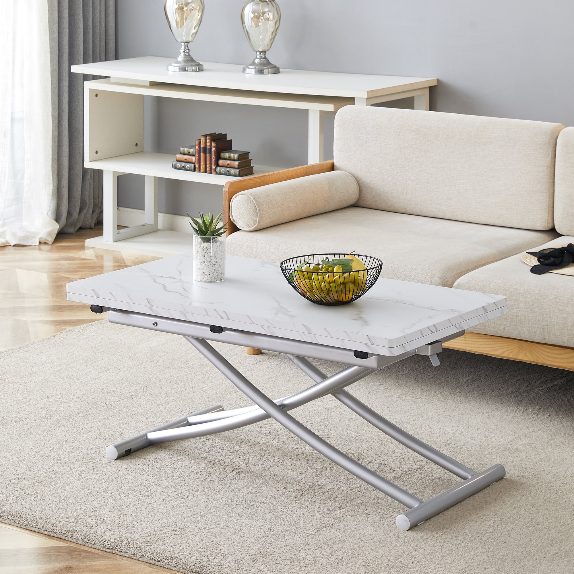 Multifunctional Lift Table With 0.8 Inch Thick Mdf Desktop And Silver Metal Legs, Can Be Used As A Dressing Table, Coffee Table, Dining Table, And Office Table.W1151126194