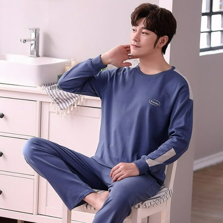 

PIKADINGNIS Mens Pajamas Set Spring Autumn Leisure Elastic Waist Men Sleepwear Cotton Mens Long Sleeve Nightwear Top Long Men Home Cloth